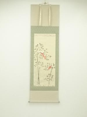 松泉筆　雪中南天図　肉筆紙本掛軸（共箱）